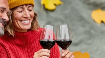 A happy middle-aged couple enjoys a romantic autumn afternoon outdoors while tasting delicious red wine together sha a special moment of intimacy and connection.