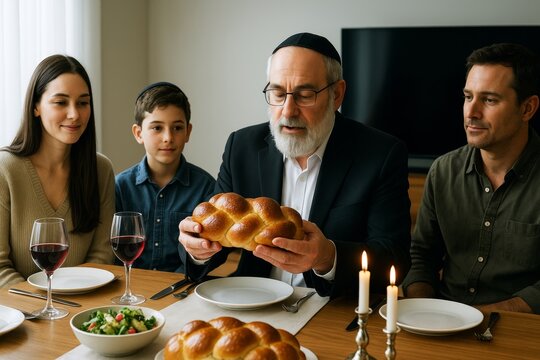 Jewish family celebrating Shabbat with challah bread and wine around dinner table in warm home setting with soft natural light background. Ai generative