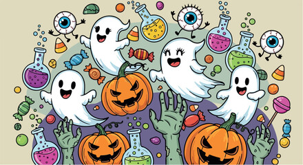 Colorful Halloween illustration with ghosts, pumpkins, zombie hands, and potions, perfect for children’s stickers and crafts