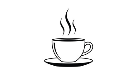 A black and white illustration of steaming hot coffee cup on a saucer