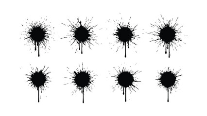Eight black ink splatters, abstract ink splash graphics with dripping effect, perfect for design projects