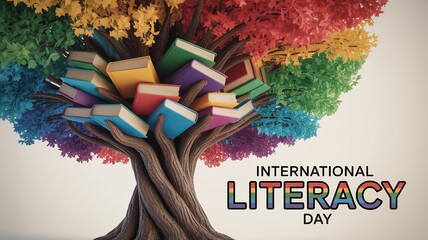 Literacy day celebration with knowledge tree made of colorful books.