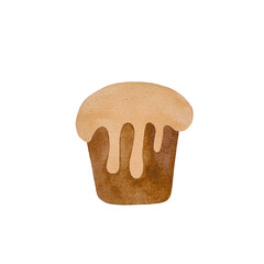 A watercolor illustration of a tempting cupcake with a beautifully flowing peach-colored cream topping on a white background. The moist cake and delicate frosting create an appealing dessert image