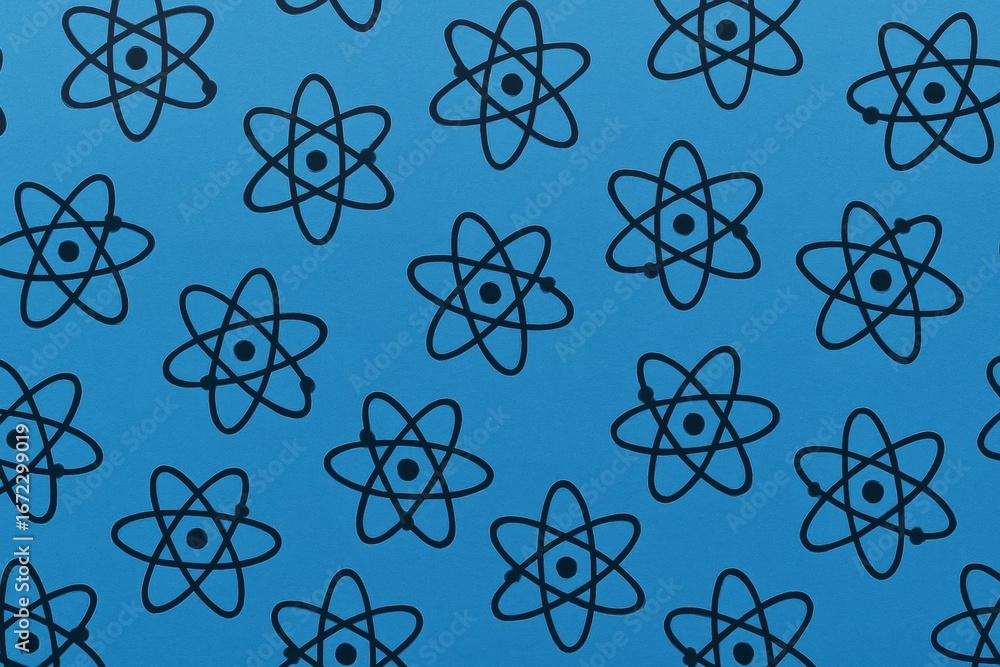 Aufkleber seamless pattern of atom symbols on a solid light blue background representing science and physics e