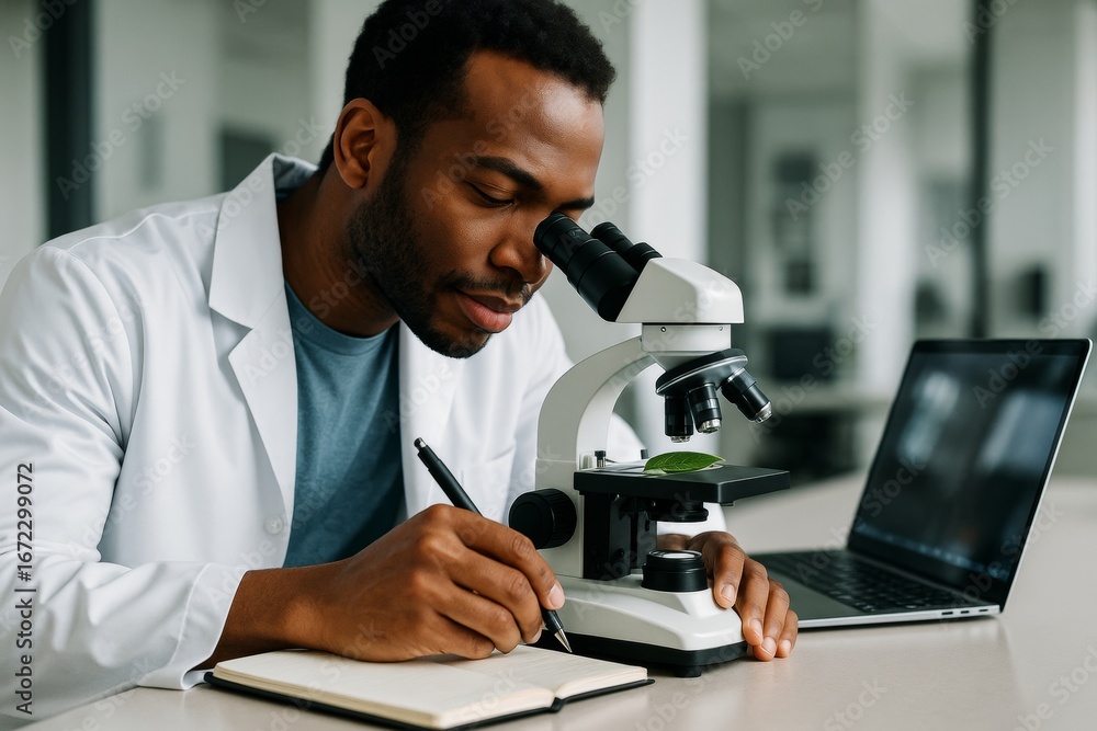 Poster scientist analyzing green leaf through microscope in laboratory with notebook and laptop on light ba