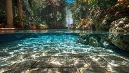 Underwater view of a tranquil indoor pool surrounded by lush tropical plants and rocks, sunlight dappling the clear water and tiled floor.  The scene evokes a hidden oasis or underwater garden