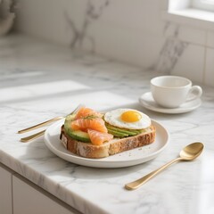 Sourdough Toast with Smoked Salmon, Avocado, and Fried Egg for Breakfast