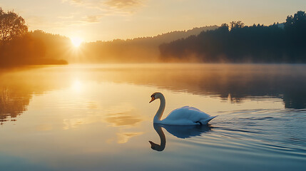 Fototapeta premium Morning mist wraps around elegant swan at sunrise high resolution picture