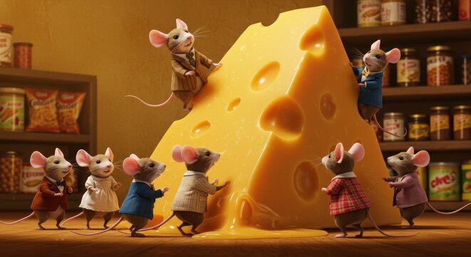 Animated mice of various colors and styles, working together to climb a large wedge of cheese in a miniature grocery store setting.