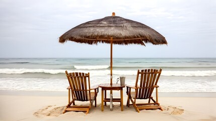 Two wooden beach chairs sit peacefully under a straw umbrella facing the ocean on a cloudy day scene.