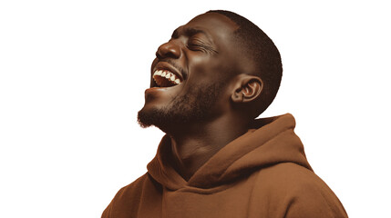 Side view of joyful Black man in brown hoodie laughing out loud, on transparent background