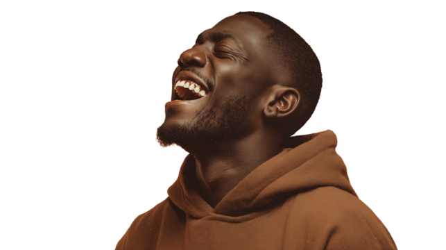 Side view of joyful Black man in brown hoodie laughing out loud, on transparent background