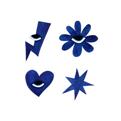 A watercolor set of bright blue stylized elements with eyes, including a lightning bolt, flower, heart, and star, on a white background. This bold and whimsical collection adds a playful, surreal