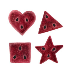 A watercolor illustration of watermelon flesh slices in various shapes—triangle, heart, star, and cube—on a white background. This creative and colorful artwork captures the fun and freshness of