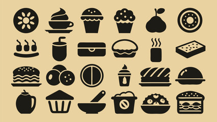 Assorted food and drink icons black on beige background vector