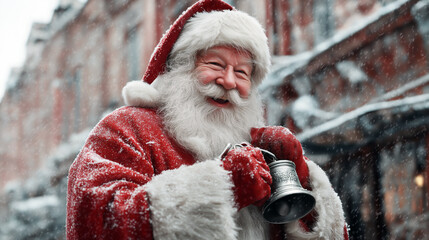 Santa Claus ringing a bell in a snowy street, smiling and joyful.