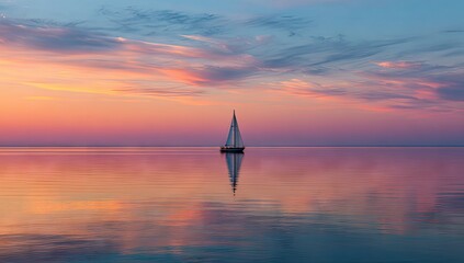 Solitary sailboat at sunset, reflected in calm water, vibrant sky
