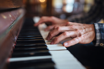 Fototapeta premium Mature musician's hands playing a melody on a classic wooden piano keyboard.