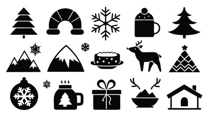 Christmas icons featuring trees snowflakes mountains deer and gifts holiday winter