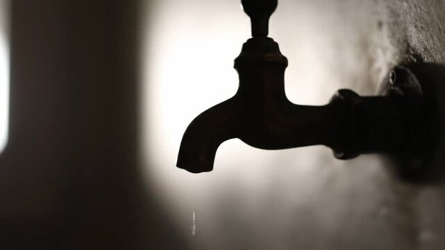 Silhouette footage of an old vintage metal tap leaking water drops- symbolizing water scarcity, wastage, and conservation issues.