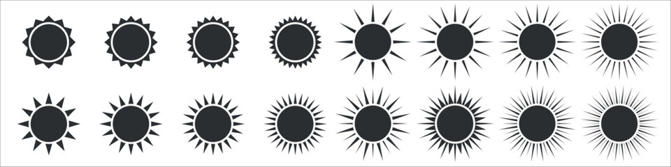 Set of simple icons of sun with a circular core and elongated spikes radiating outward. It is suitable for various design projects, showcasing warmth and brightness.