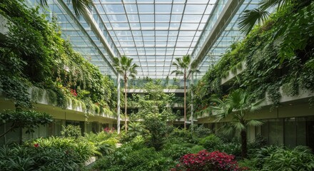 Interior view of a building with lush green plants and trees under a glass ceiling, creating an indoor garden.