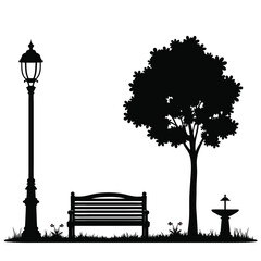 Black silhouette of park scene with lamppost bench tree and fountain 1