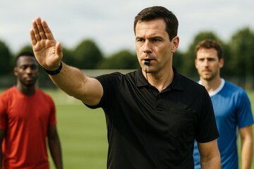 Focused soccer coach blowing whistle and signaling during outdoor training session with players on green field under natural light background. Ai generative