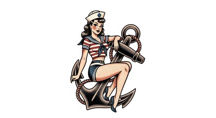 Retro Sailor Pinup Woman Sitting on Anchor Vintage Nautical Tattoo Artwork.