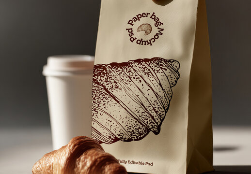Paper Bag with Coffee Cup and Croissant Mockup