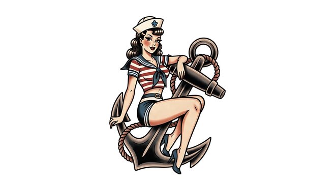 Retro Sailor Pinup Woman Sitting on Anchor Vintage Nautical Tattoo Artwork.