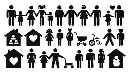 Diverse family groups and houses with hearts people children
