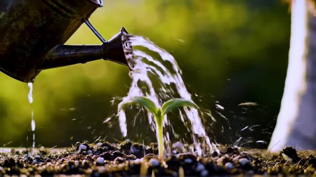 Nurturing New Life Watering a Young Seedling in Fertile Garden Soil