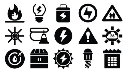 Energy symbols fire light bulb battery power warning sign flame heat