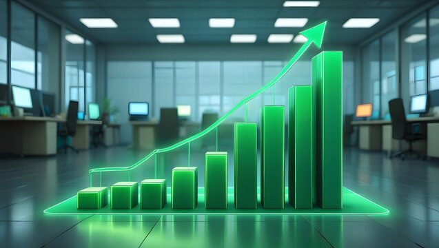 A vibrant green graph illustrates business growth and success, with an upward arrow symbolizing financial increase and positive market trends