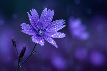 Close-up of purple flower with water droplets on petals in a dewy garden.