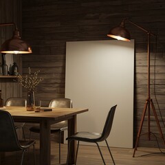 Rustic Dining Room Interior with Wooden Table Chairs and Copper Lamps for Cozy Home Ambience and Blank Canvas Background