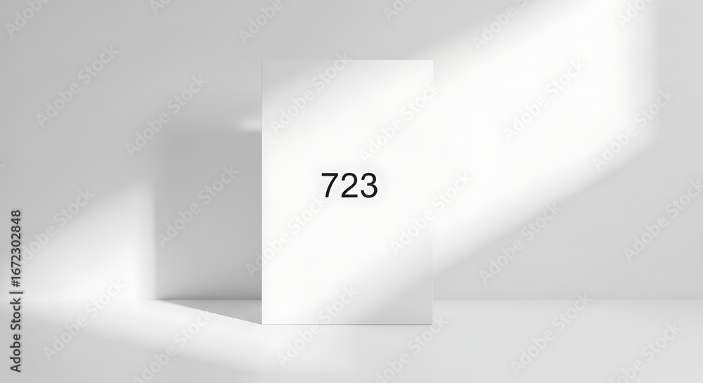 Poster minimalist white vertical board displaying the number 723 on a clean background with soft shadows