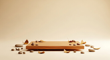Minimalist Presentation Stage with Neutral Background Featuring Wood Platform Smooth Stones and Dried Leaves Ideal for Product Displays and Subtle Advertising Campaigns