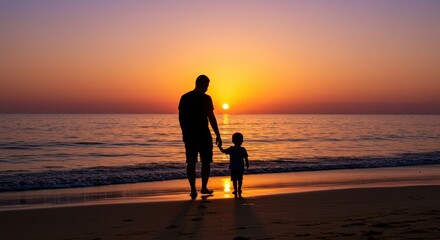Silhouette of a father and child walking on a beach at sunset, holding hands.