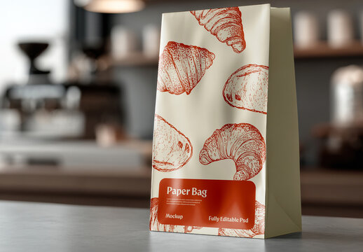 Paper Bag with Croissant in Cafe Scene Mockup