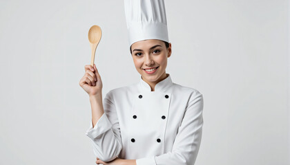 Naklejka premium Confident female chef holding wooden spoon smiling warmly against a clean studio background ready to cook
