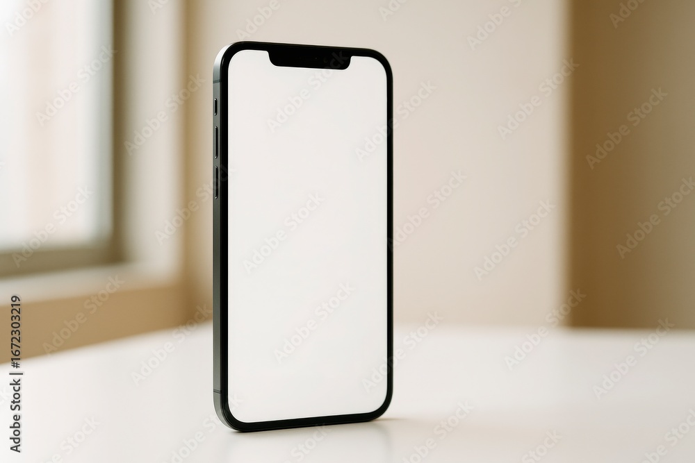 Poster blank smartphone screen mockup on white table with soft ambient light and blurred background for cle