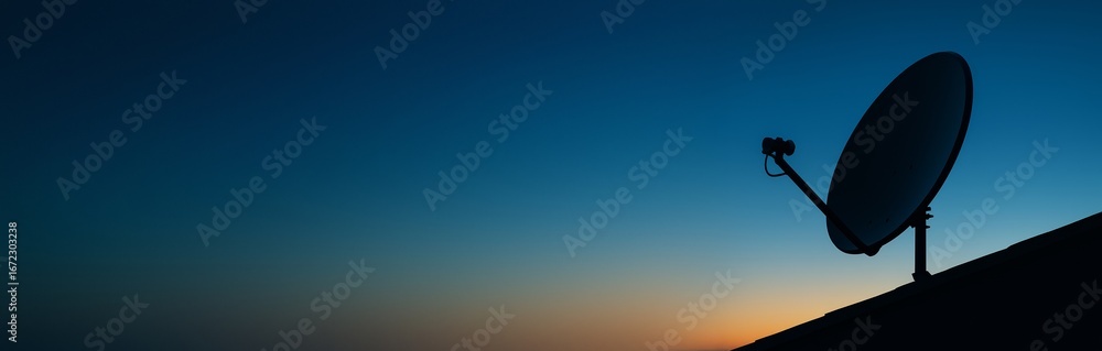 Poster satellite dish silhouette on rooftop against a gradient twilight sky with space for text or design o