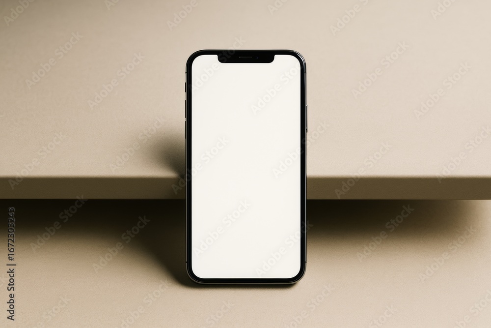 Poster smartphone mockup with blank screen displayed on beige background shelf for clean branding presentat