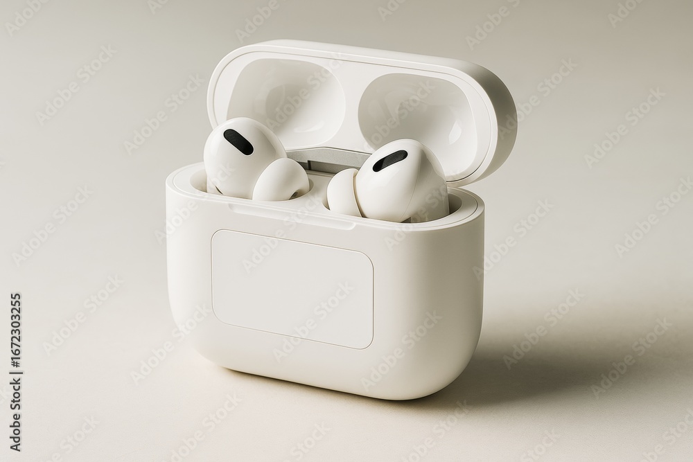 Poster white wireless earbuds in open charging case mockup on clean light background with blank label area 