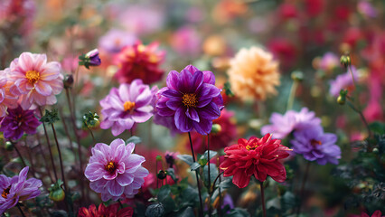 Vibrant Purple, Pink, and Red Dahlia Flowers Blooming in a Lush Garden