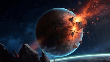 Obraz premium Zerberstender Planet im All nach gigantischem Einschlag – Cooles Wallpaper – Magisches Hintergrundbild