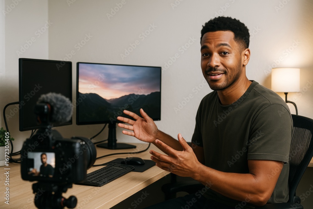 Aufkleber content creator recording video tutorial with camera in home office setup, dual monitors in backgrou