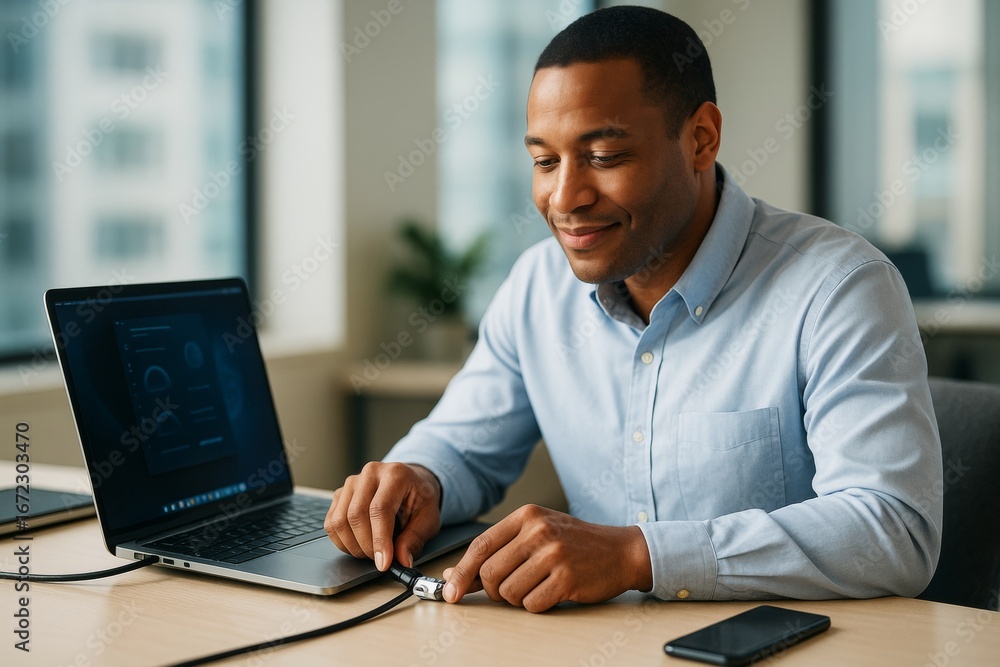 Aufkleber smiling man connecting usb drive to laptop at office desk with soft light and blurred background, sh